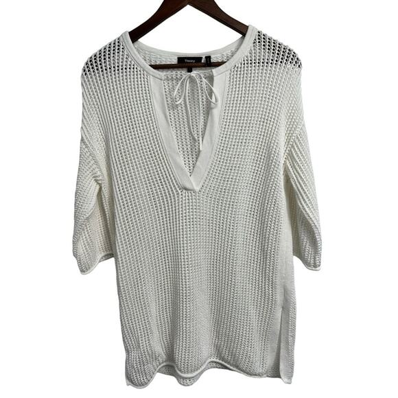 THEORY White Open Knit Mesh Top Tie neck Pullover Size P (Small) - Picture 1 of 4